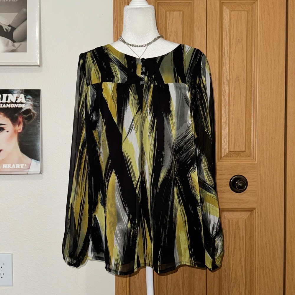 Y2K Du Jour Abstract Brushstroke Long Sleeve Blouse Yellow Black Grey Size Large